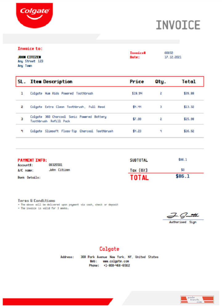 USA Colgate invoice template in Word PSD template